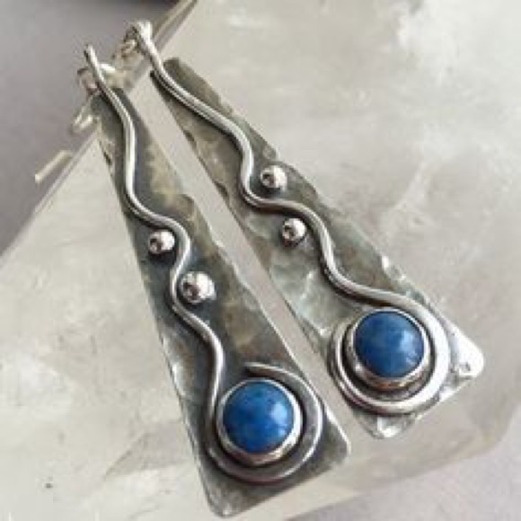 Metal Silver Boho Inlaid Blue Stone Drop Earrings - Picture 4 of 7